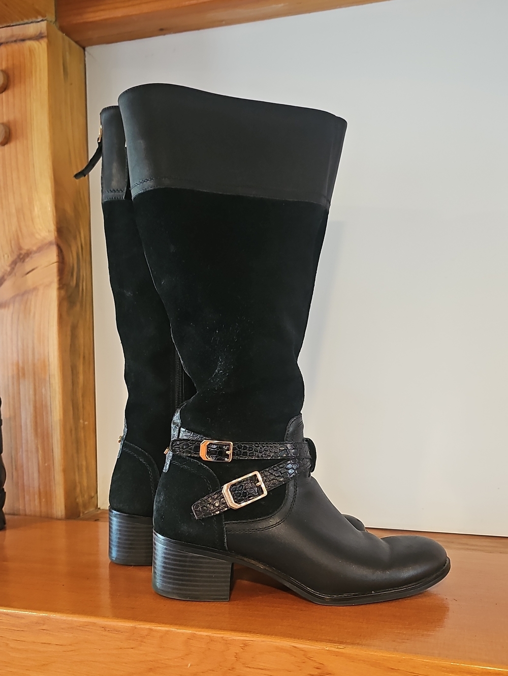 Franco Sarto Black Leather & Suede Mid-Calf Boots with Gold Buckles